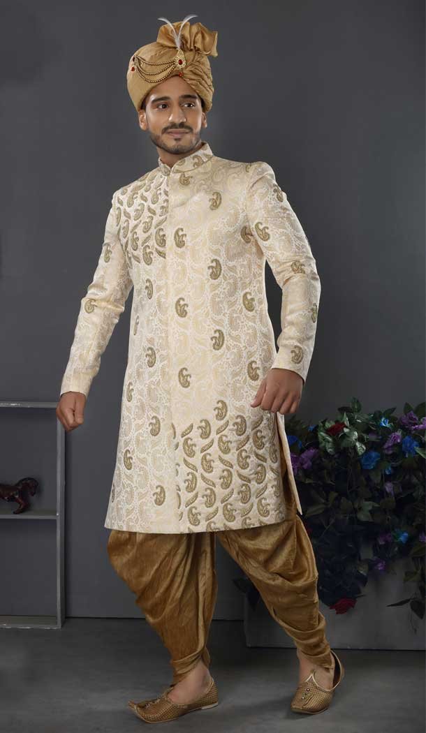 Subtle Cream Color Jacquard Art Silk Designer Men’s Wedding Wear Sherwani – 2802142217