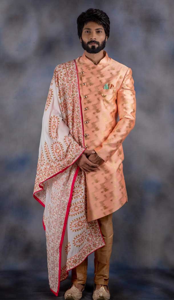 Peach Color Jacquard Silk Wedding Wear Men’s Indo western – 2804142253