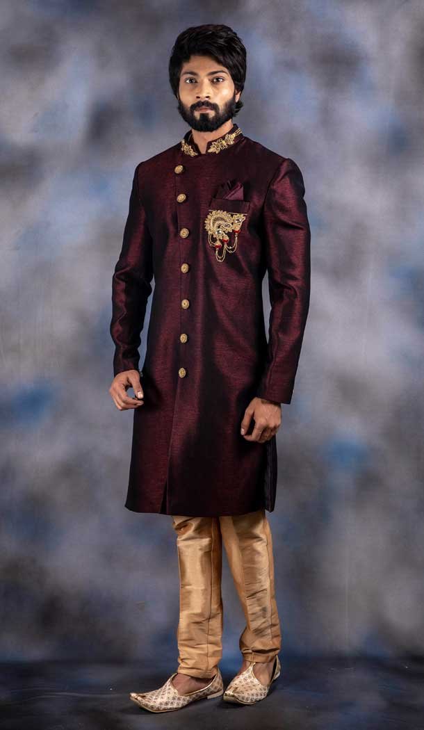 Wine Color Imported Silk Wedding Wear Mens Indo western – 2804142254