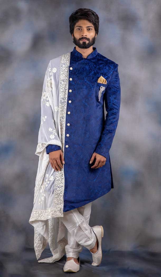 Royal Blue Color Jacquard Silk Wedding Wear Men’s Indo western – 2804142255