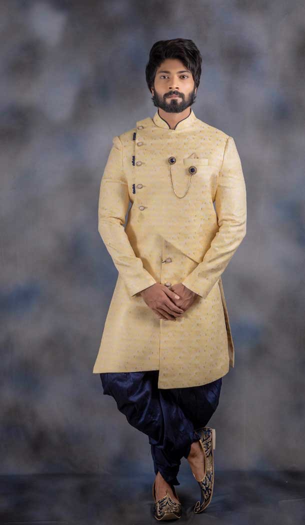 Cream Color Jacquard Silk Wedding Wear Men’s Indo western – 2804142257