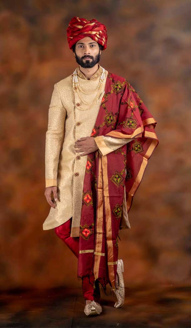 Stunning Cream Color Jacquard Silk Wedding Wear Men’s Indo western – 2804142258