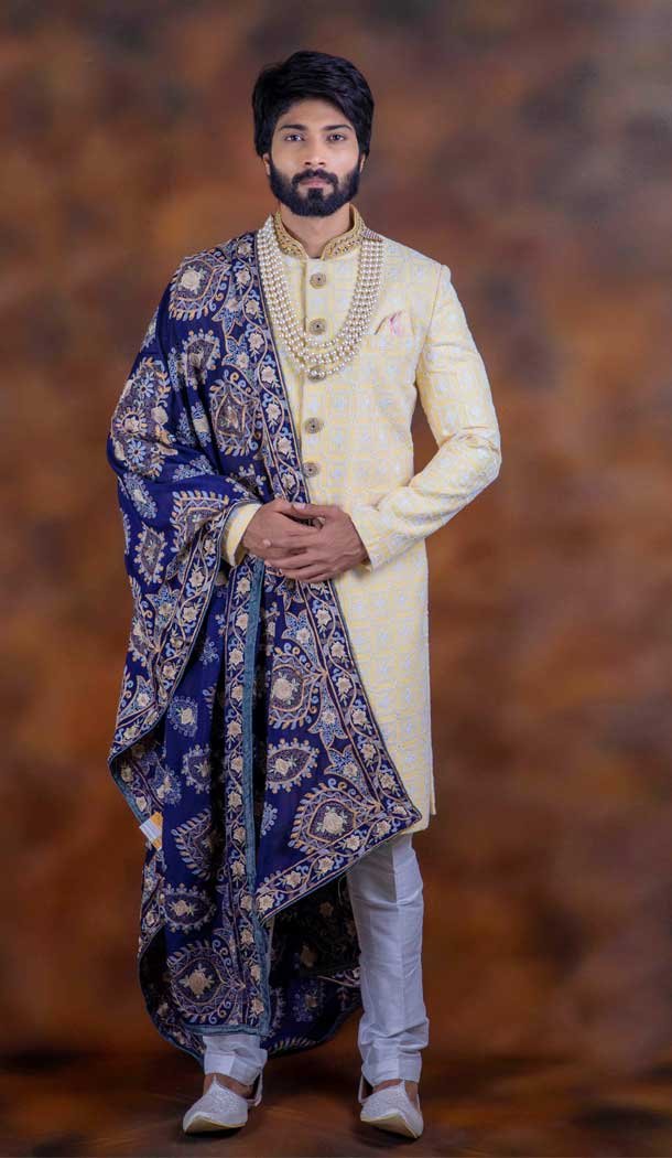 Wonderful Cream Color Lucknowi Silk Wedding Wear Mens Indo western – 2804142260