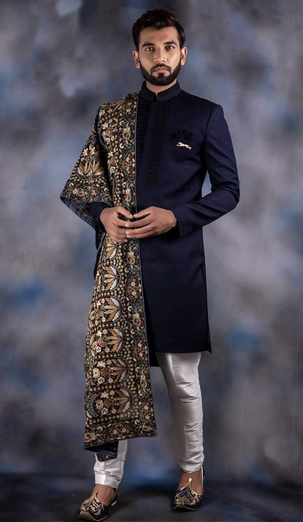 Navy Blue Color Jacquard Silk Wedding Wear Men’s Indo western – 2804142264