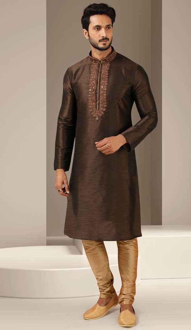 Ethnic Brown Color Banarasi Art Silk Readymade Mens Kurta Pajama -3567148116