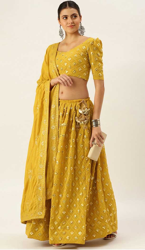 Mustard Color Georgette Traditional Party Wear Plus Size Lehenga Choli -3182145034