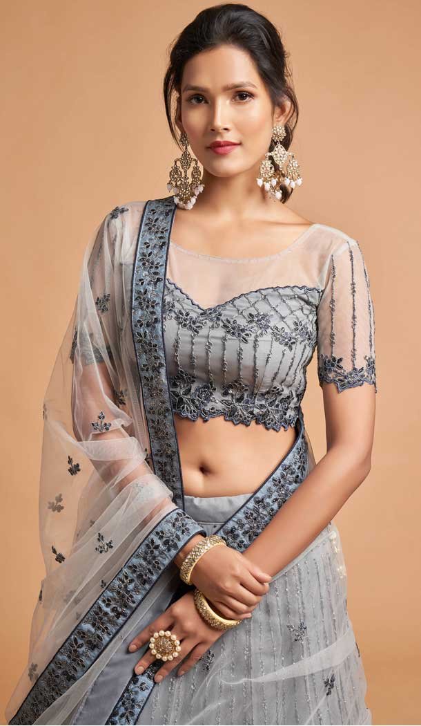 Ash Grey Color Soft Net Fancy Festive Wear Plus Size Lehenga Choli – 3700149115