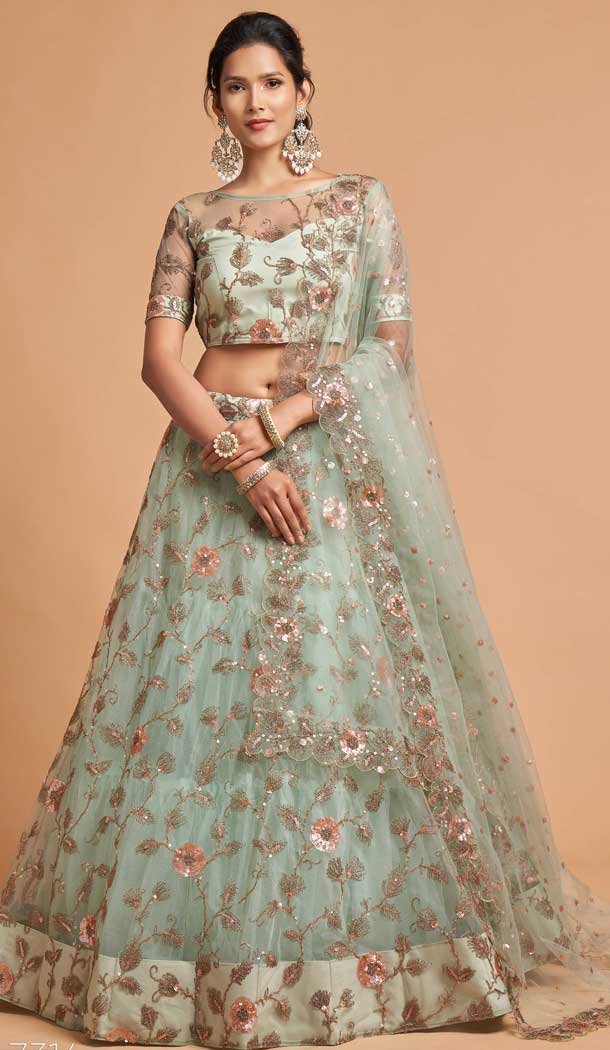 Sage Green Color Soft Net Fancy Festive Wear Plus Size Lehenga Choli – 3700149117