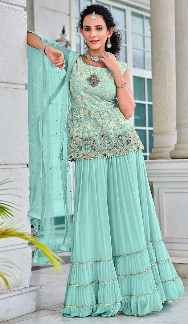 Sky Blue Color Viscose Georgette Designer Party Wear Sharara Suit – 3714149219