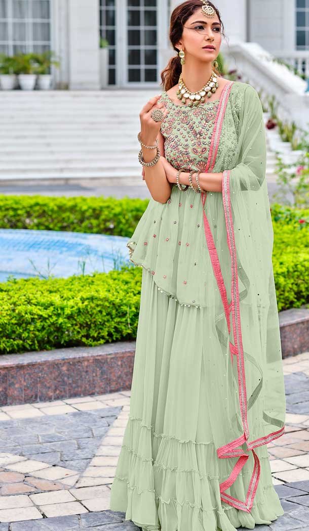 Sage Green Color Viscose Georgette Designer Party Wear Sharara Suit – 3714149222