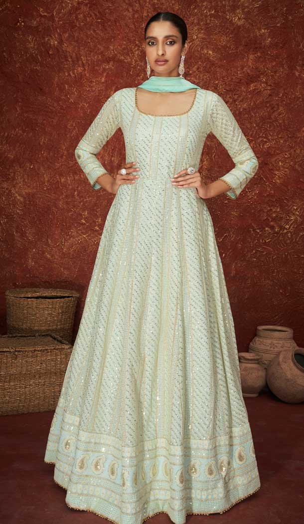 Mint Green Color Faux Georgette Heavy Wedding Wear Anarkali Suit – 3717149233