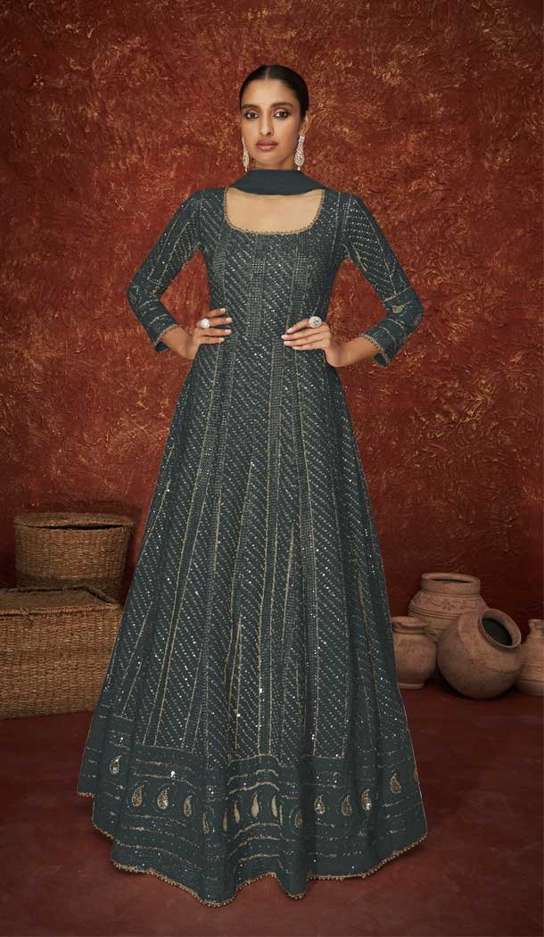 Black Color Faux Georgette Heavy Wedding Wear Anarkali Suit – 3717149235