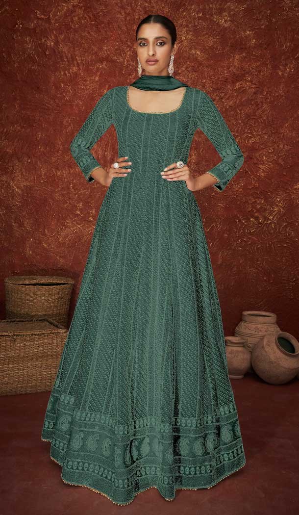 Dark Green Color Faux Georgette Heavy Wedding Wear Anarkali Suit – 3717149237