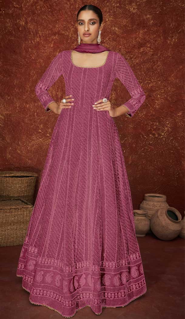 Dark Pink Color Faux Georgette Heavy Wedding Wear Anarkali Suit – 3717149238