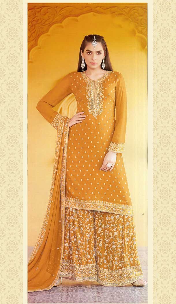 Mustard Color Faux Georgette Designer Party Function Wear Palazzo Suit – 3723149266