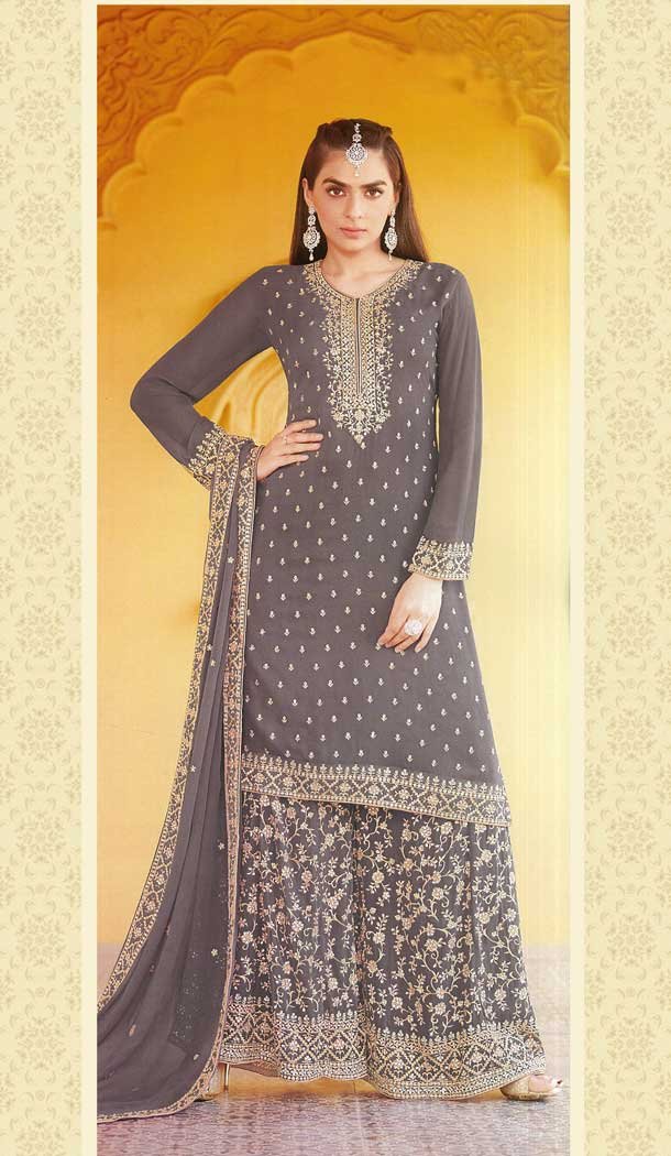 Ash Grey Color Faux Georgette Designer Party Function Wear Palazzo Suit – 3723149268