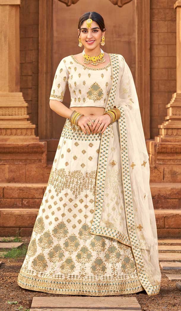 Off White Color Malai Satin Designer Party Wear Plus Size Women Lehenga Choli -3751149441