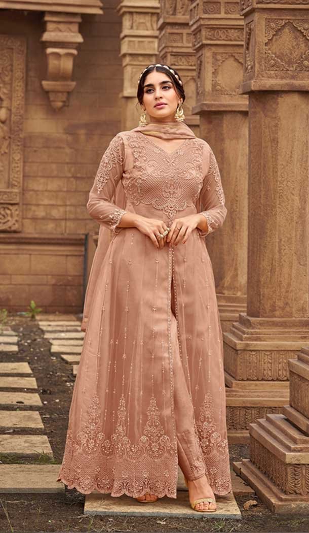 Ravishing Beige Color Heavy Butterfly Net Trendy Party Wear Salwar Suit -3752149444