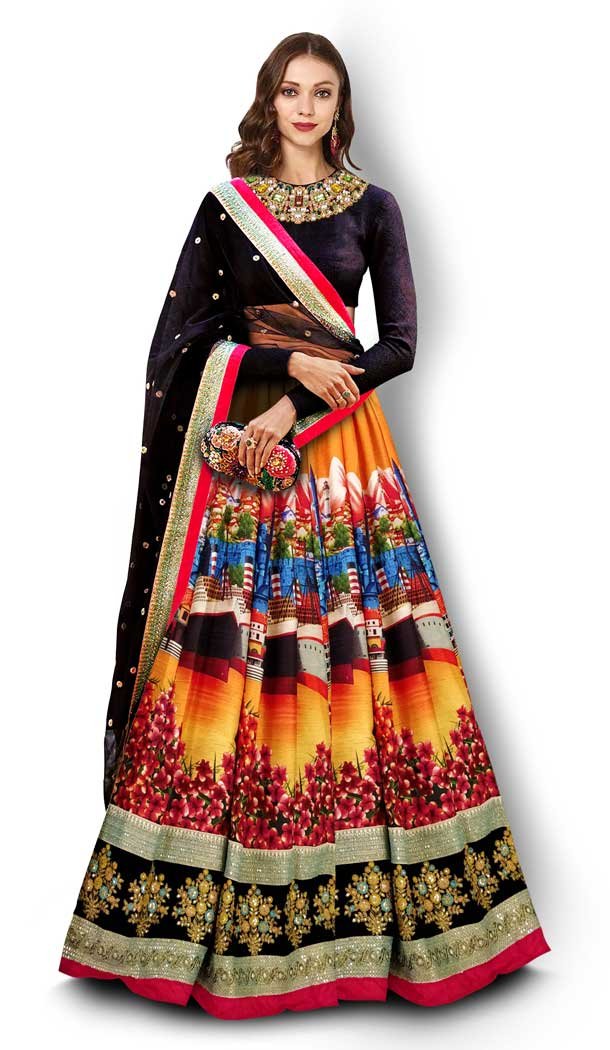 Elegant Multi Color Art Silk With Satin Digital Printed Floral Lehenga Choli -3764149533