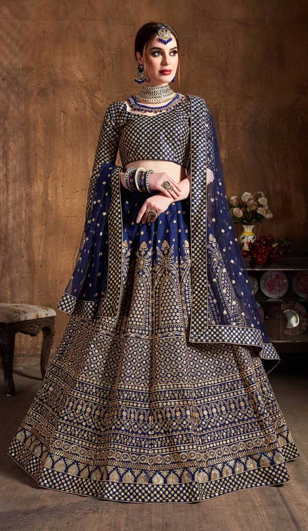 Navy Blue Color Raw Silk Digital Designer Party Wear Lehenga Choli -3765149534