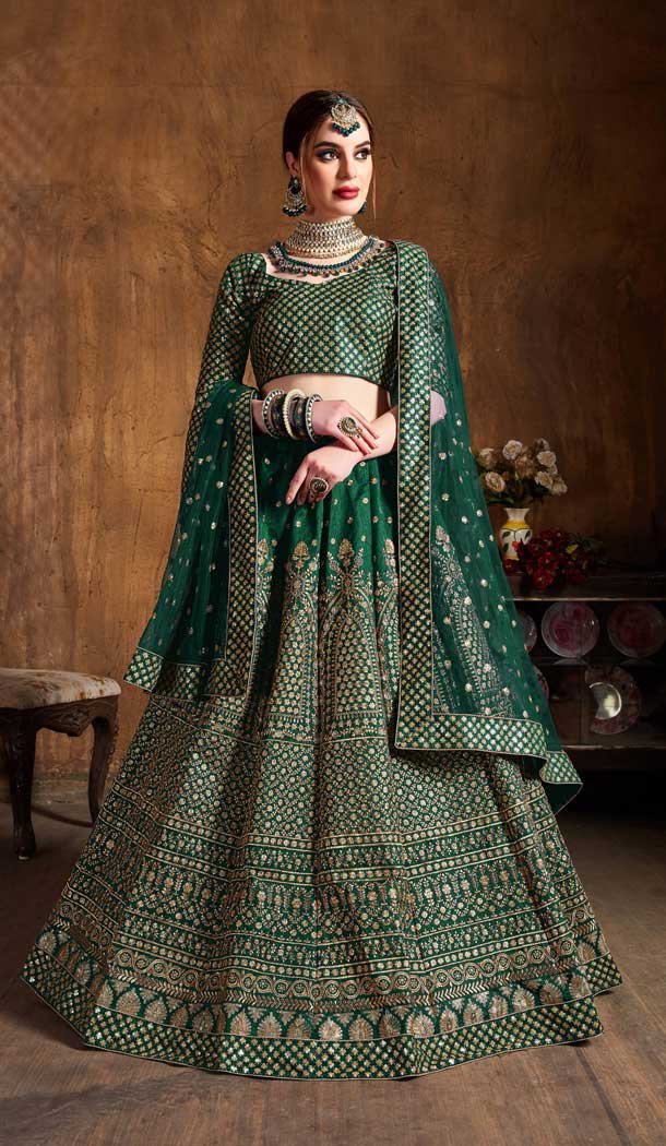 Green Color Raw Silk Digital Designer Party Wear Lehenga Choli -3765149536