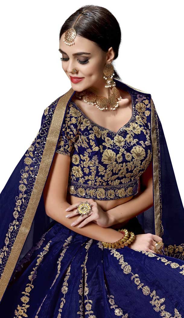 Splendorous Blue Color Raw Silk Digital Designer Party Wear Lehenga Choli -3767149539