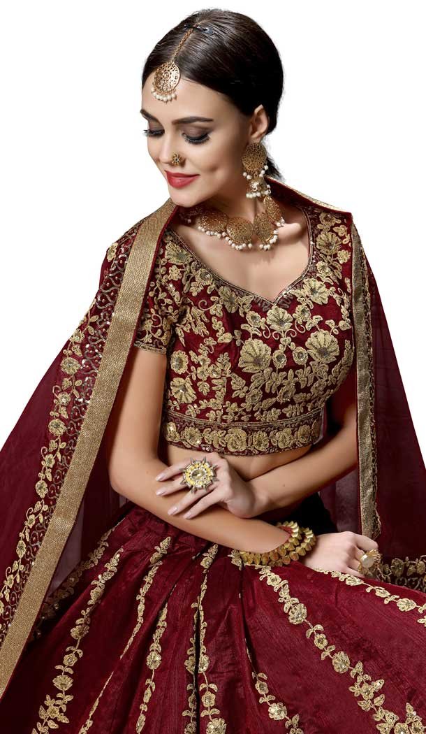 Exotic Maroon Color Raw Silk Digital Designer Party Wear Lehenga Choli -3767149540