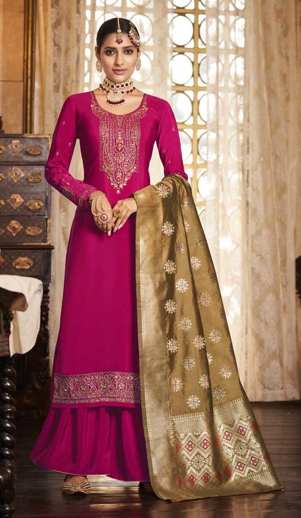 Rani Pink Color Soarer Crepe Evening Party Wear Salwar Kameez -3774149604