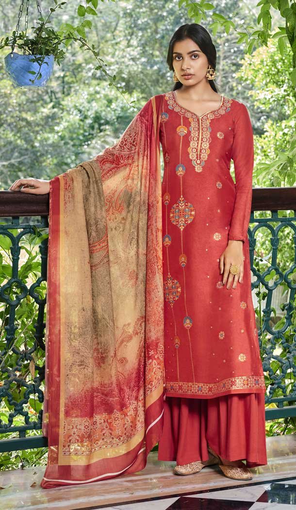 Tomato Red Color Pure Viscose Silk Evening Party Wear Salwar Kameez -3775149613