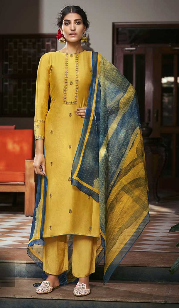 Yellow Color Pure Viscose Silk Designer Evening Wear Salwar Kameez -3776149621