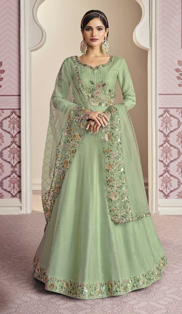 Pista Green Color Russian Silk Designer Pakistani Style Salwar Kameez -3778149632