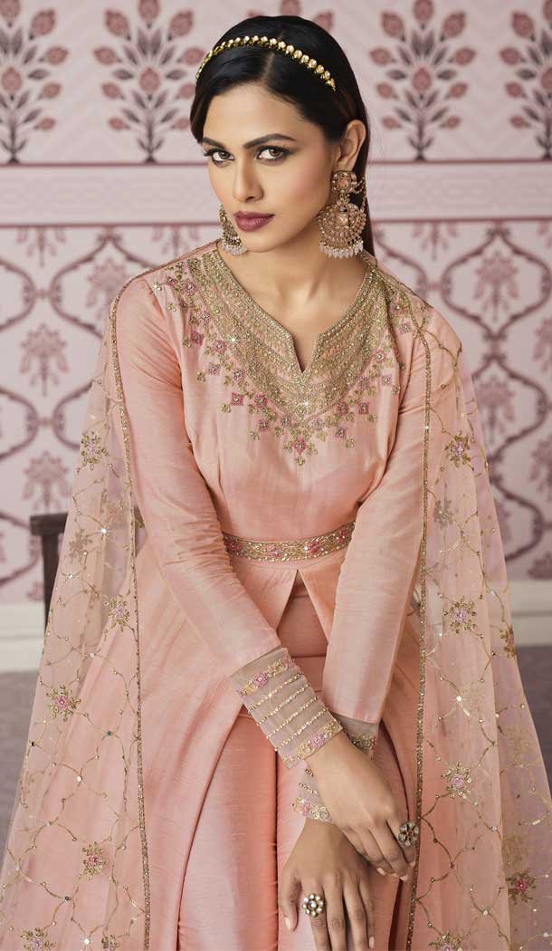 Peach Color Russian Silk Designer Pakistani Style Salwar Kameez -3778149633