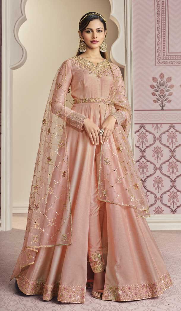 Peach Color Russian Silk Designer Pakistani Style Salwar Kameez -3778149633