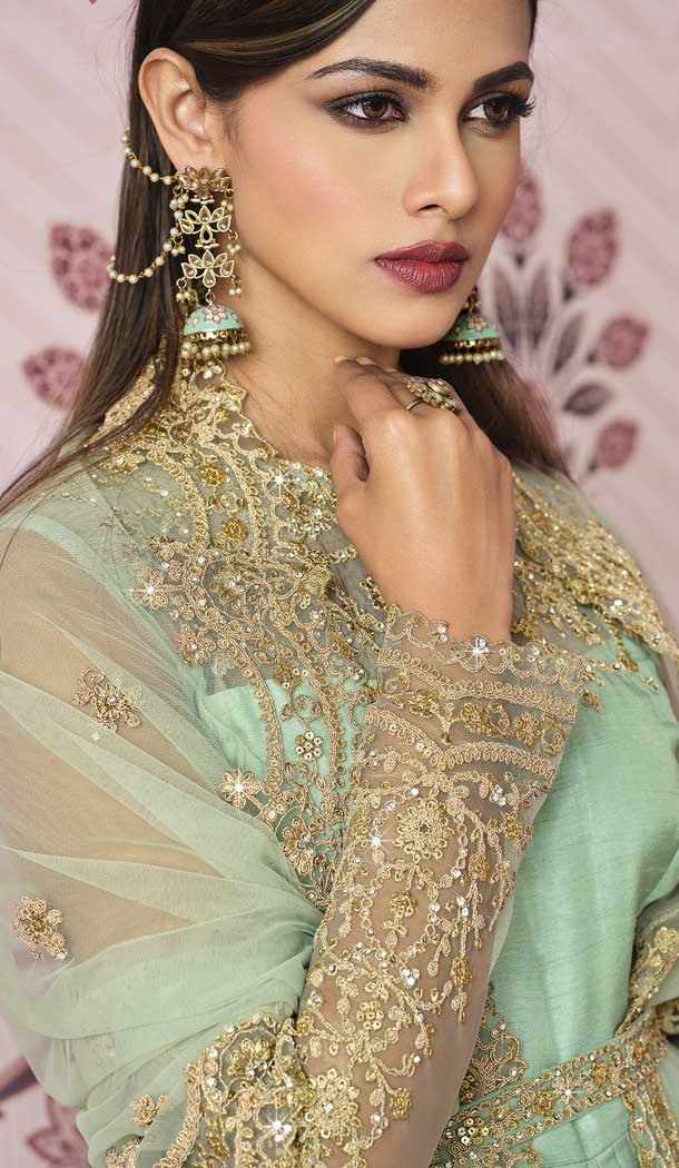 Mint Green Color Russian Silk Designer Pakistani Style Salwar Kameez -3778149634