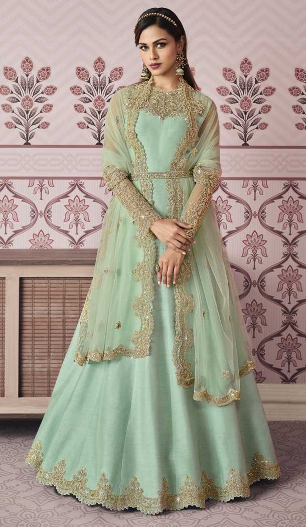 Mint Green Color Russian Silk Designer Pakistani Style Salwar Kameez -3778149634