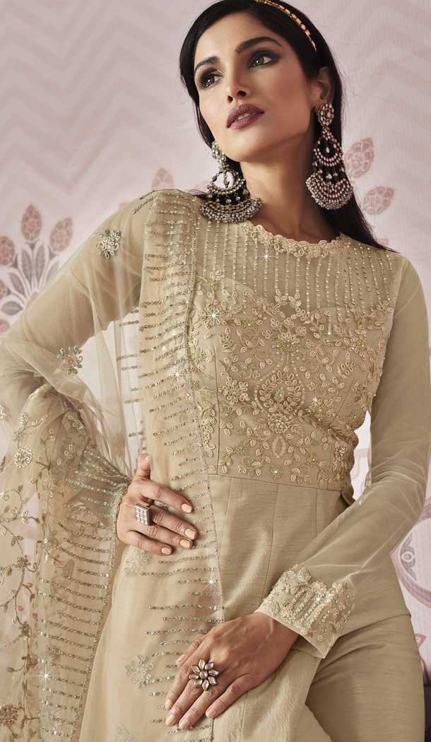 Fancy Beige Color Russian Silk Designer Pakistani Style Salwar Kameez -3778149635