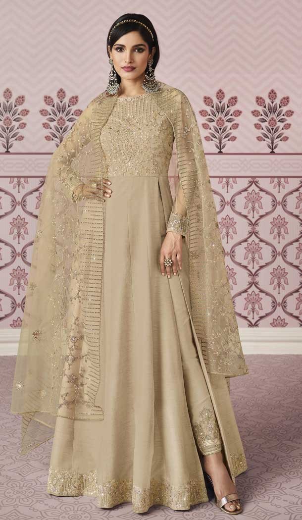 Fancy Beige Color Russian Silk Designer Pakistani Style Salwar Kameez -3778149635