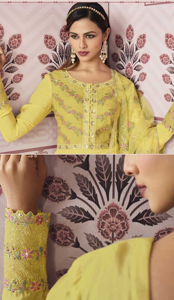 Classy Yellow Color Russian Silk Designer Pakistani Style Salwar Kameez -3778149637