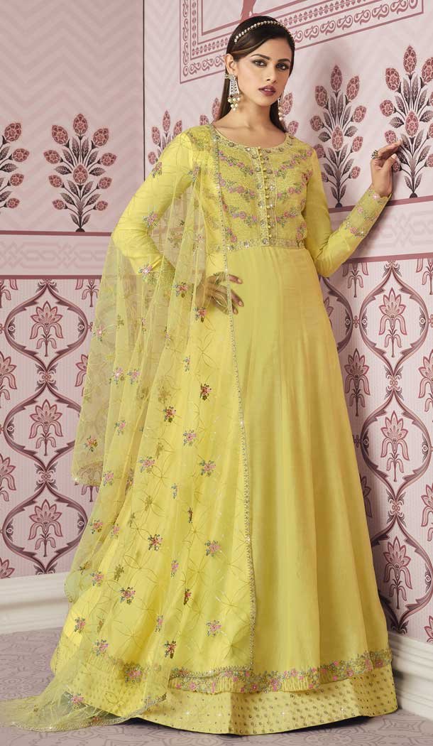 Classy Yellow Color Russian Silk Designer Pakistani Style Salwar Kameez -3778149637