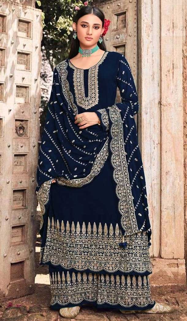 Navy Blue Color Faux Georgette Function Wear Heavy Plus Size Palazzo Suit -3779149639