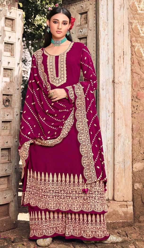 Rani Pink Color Faux Georgette Function Wear Heavy Plus Size Palazzo Suit -3779149640