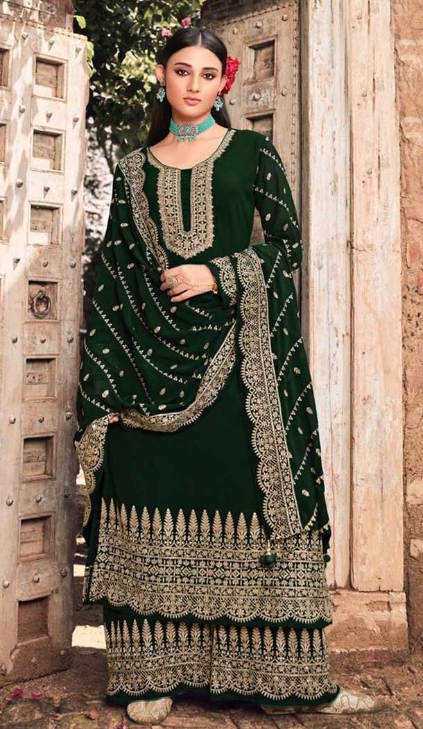 Green Color Faux Georgette Function Wear Heavy Plus Size Palazzo Suit -3779149641