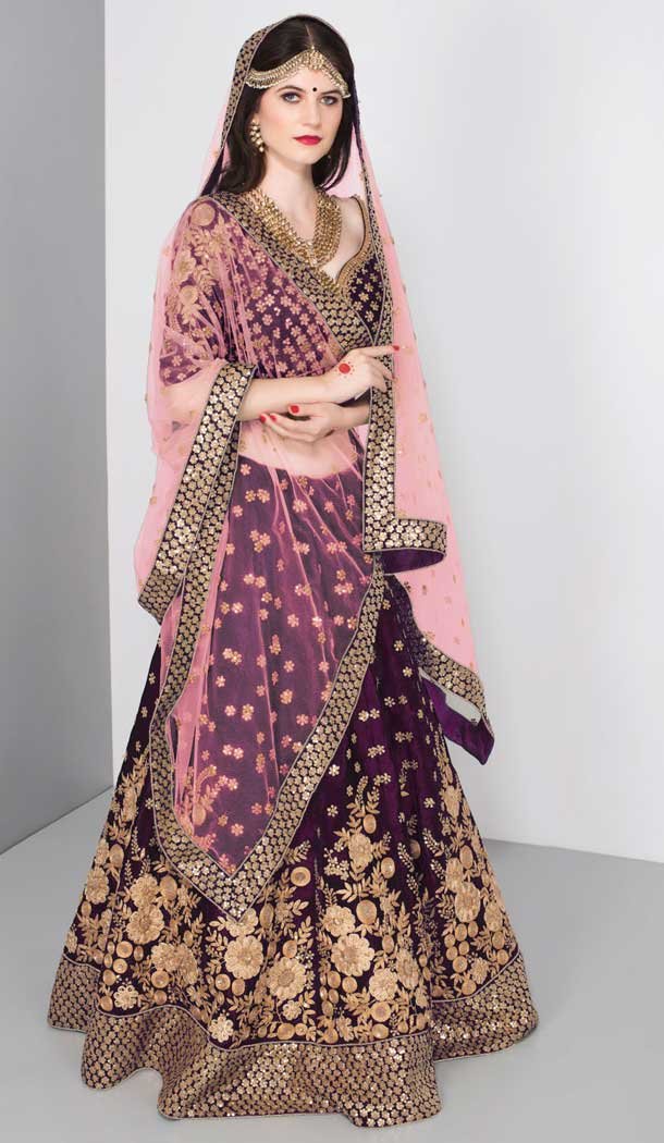 Purple Color Pure Velvet Designer Bridal Wedding Wear Lehenga Choli -3783149664