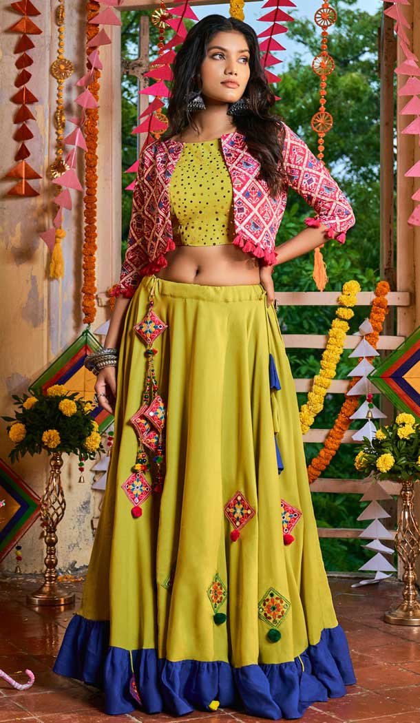 Fascinating Green Color Muslin Cotton Navratri Festive Wear Lehenga Choli -110365245