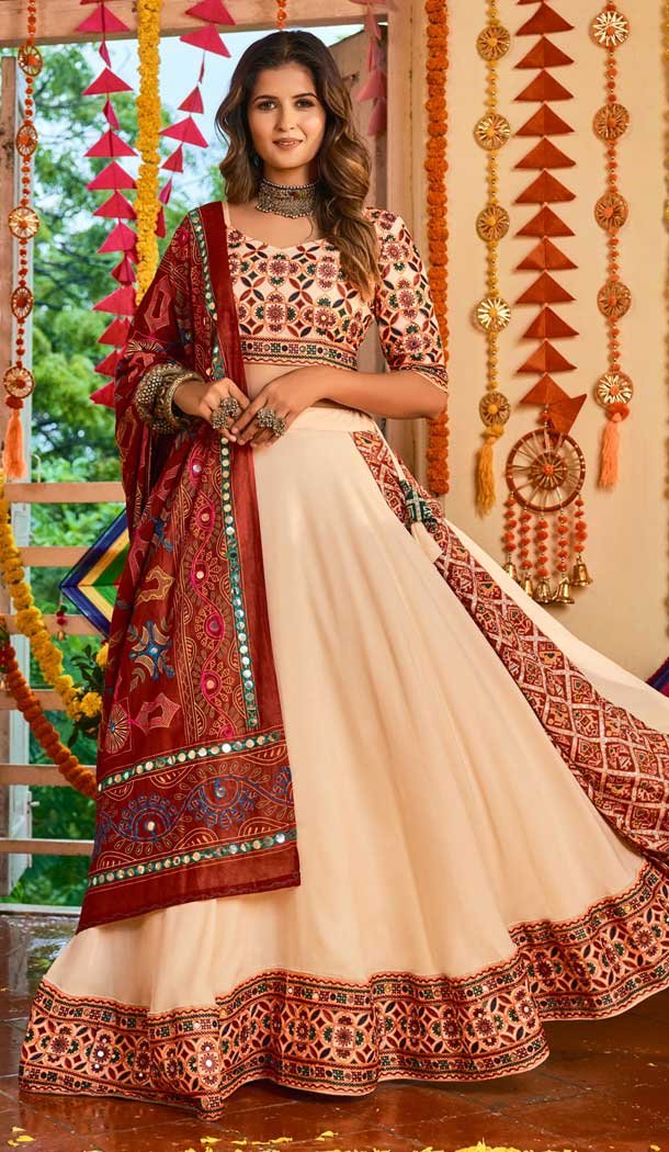 Charming Beige Color Muslin Cotton Navratri Festive Wear Lehenga Choli -110365246