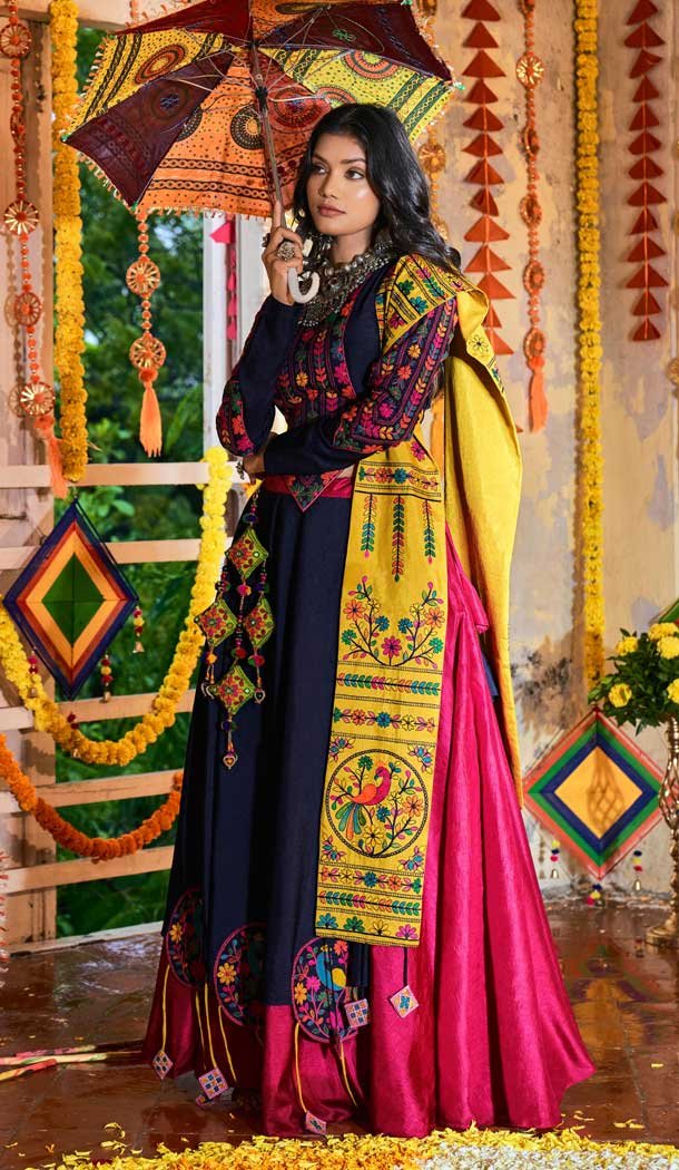 Navy Blue & Pink Color Silk Navratri Festive Wear Lehenga Choli -110365248