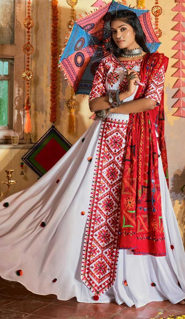 Tantalizing White Color Muslin Cotton Navratri Festive Wear Lehenga Choli -110365250