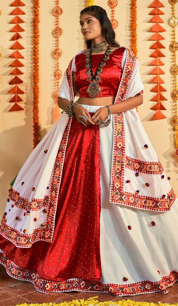 Vivacious Red & White Color Muslin Cotton Navratri Festive Wear Lehenga Choli -110365251