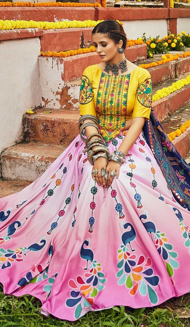 Pink Color Muslin Cotton Digital Printed Navratri Garba Lehenga Choli -111015652