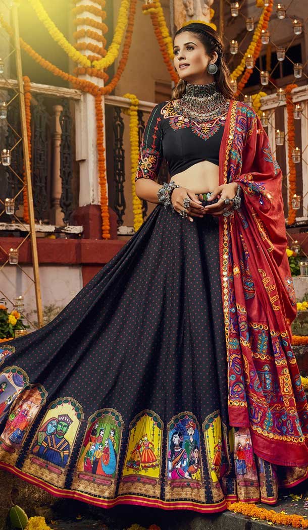 Classy Black Color Muslin Cotton Digital Printed Navratri Garba Lehenga Choli -111015655